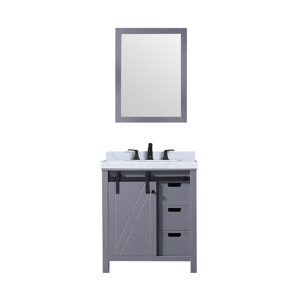 English Elm Dark Grey Bath Vanity Set With Carrara Marble Top, Matte Black Faucet & 28-Inch Mirror For Modern Spaces B2731S01273
