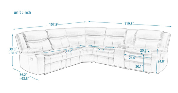 English Elm L Leather Power Reclining Sectional Sofa with USB Ports, Storage Console, Breathable Seating for 5 Brown W791S00001
