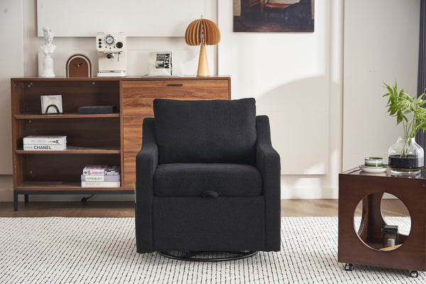 English Elm 011-Teddy Plush Swivel Accent Chair with High Back, Rivet Trim, 360° Rotation, Storage & Pockets Black W527P190836