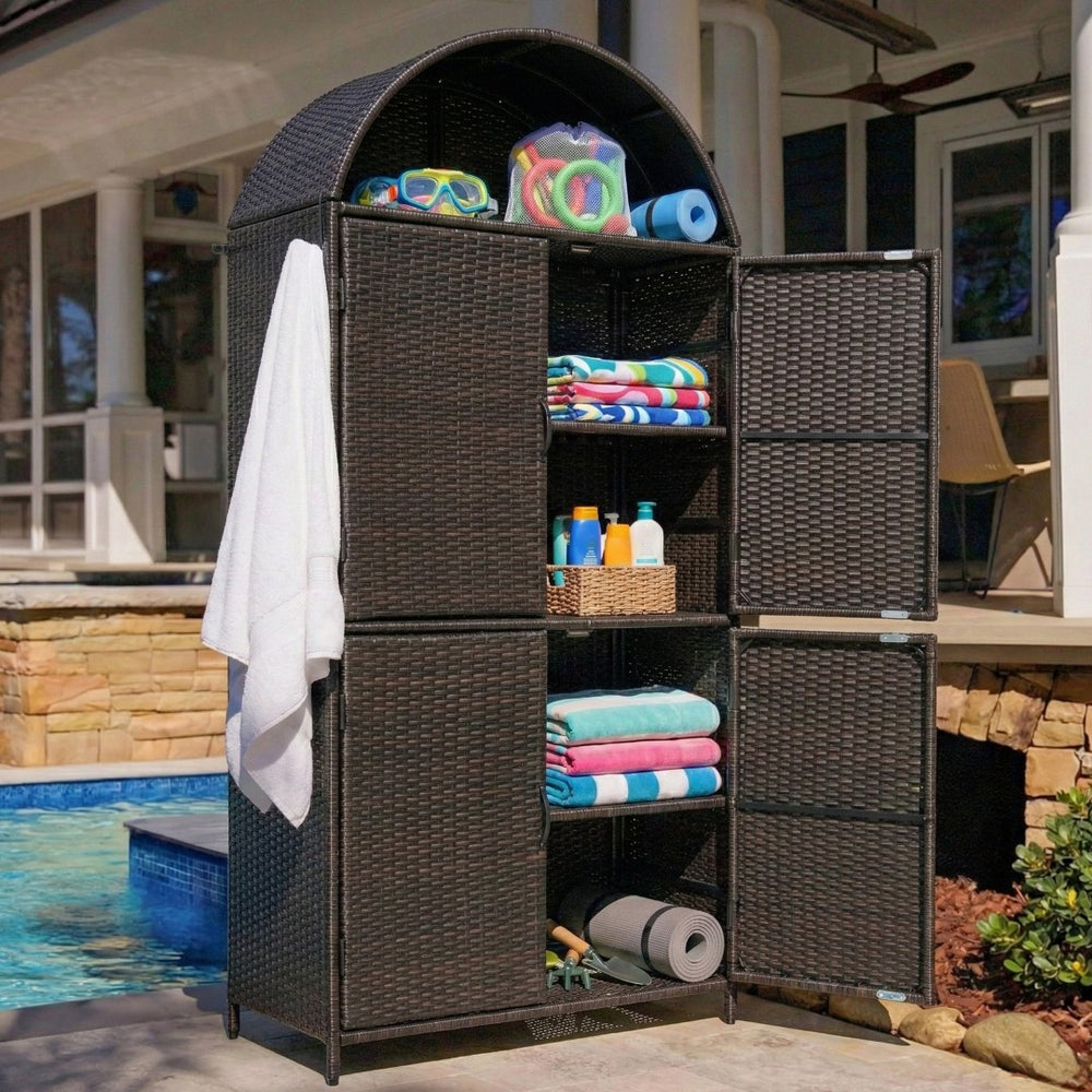 English Elm K&k Tall Arched Pe Rattan Outdoor Storage Cabinet with Adjustable Shelves and Steel Frame Brown+Black N707P420158D