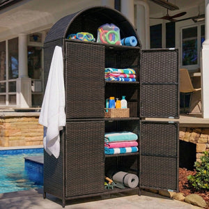 English Elm K&k Tall Arched Pe Rattan Outdoor Storage Cabinet with Adjustable Shelves and Steel Frame Brown+Black N707P420158D