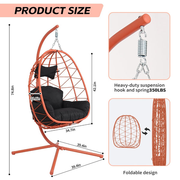English Elm Hanging Egg Chair Wicker Swing with Stand Ergonomic Cradle for Patio or Bedroom T5880P497580
