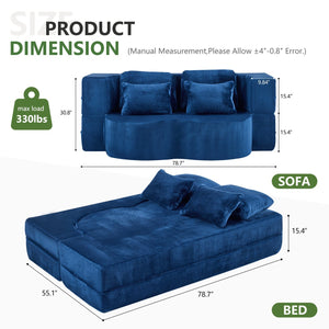 English Elm Queen Foldable Sofa Bed with Plush Chenille Cover, High-Density Foam Convertible Futon for Living Room Guest Room Bedroom Blue W1829P348211