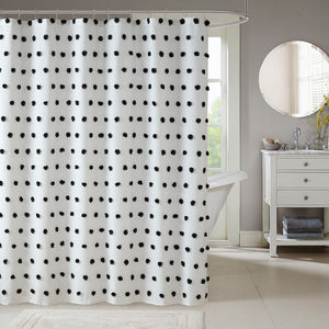 JLA Home Madison Park - Shower Curtain with Soft Fabric Pom-Poms on White Ground — Textured, Machine-Washable 72"x72" Black MP70-6597
