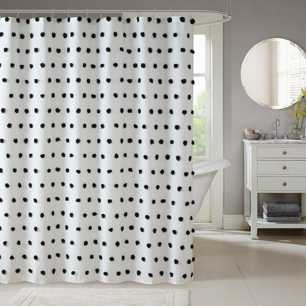 JLA Home Madison Park - Shower Curtain with Soft Fabric Pom-Poms on White Ground — Textured, Machine-Washable 72"x72" Black MP70-6597