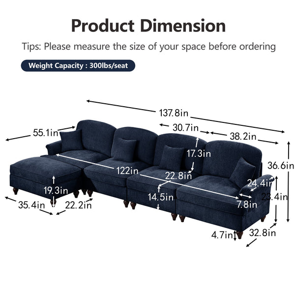 English Elm Classic Three Seater Modular L-Shaped Sectional Sofa With Flared Arms, Ruffled Skirts & Ottoman W3041S00261