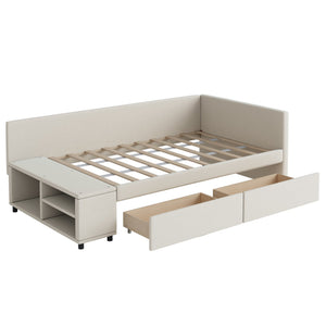 English Elm Twin Velvet L-Shaped Upholstered Platform Bed with Plush Headboard, Hidden Drawers & Cabinet Storage Beige SF000182AAA