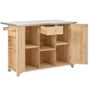 English Elm Outdoor Kitchen Island Solid Fir Wood with Foldable Stainless Top, Ample Storage, Wheels, Opener Natural Wood N719P246553Y