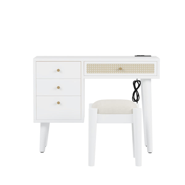 English Elm 39" Retro Bohemian Makeup Vanity Set with Rattan Drawers, USB Charging Port, Cushioned Stool, 4-Drawer Storage White 44.1 L x 18.75 W x 10.5 H N733P180011K