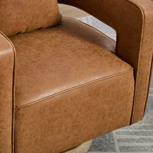 English Elm 28.9"w Swivel Barrel Accent Chair Faux Leather Open Back with Rubberwood Base Brown W3188P417874
