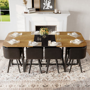 English Elm 9 Piece Industrial Modern Dining Set Two Tone Wood Table with 8 Pu Leather Chairs W3875S00106