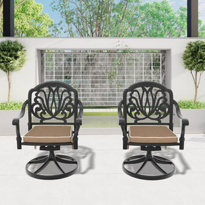 English Elm Cast Aluminum Swivel Chair Set - 2Pcs Stylish Black Frame With Cozy Brown Cushions For Outdoors W1710S00410