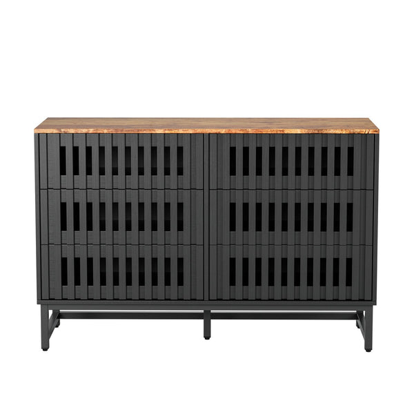 English Elm 6 Drawer Double Dresser Black Grille Striped Doors, Modern MDF & Metal Legs, Sturdy 6-Drawer Storage Elegance W578P193307