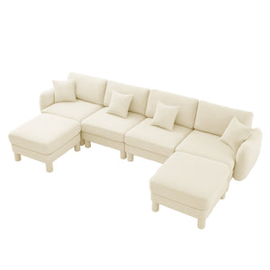 English Elm Boucle U-Shape Sectional Sofa For 4, Stylish Shell Armrests & Movable Ottomans In Beige Comfort W3041S00281