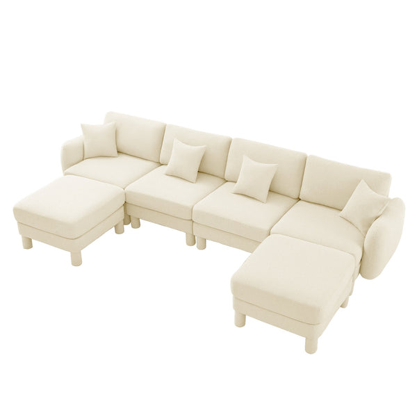 English Elm Boucle U-Shape Sectional Sofa For 4, Stylish Shell Armrests & Movable Ottomans In Beige Comfort W3041S00281