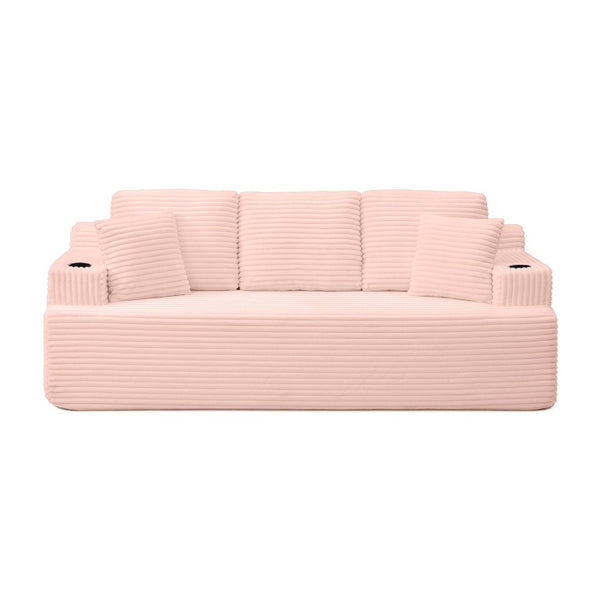 English Elm Boneless Floor Sofa Corduroy Upholstered 5 Seat Low Profile with Cup Holders for Living Room Pink W1117S00431