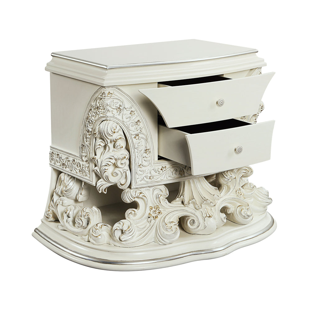 English Elm Adara Scrolled Floral Antique White Nightstand with Felt-Lined Self-Close Drawers, 2 Storage B2726P293224
