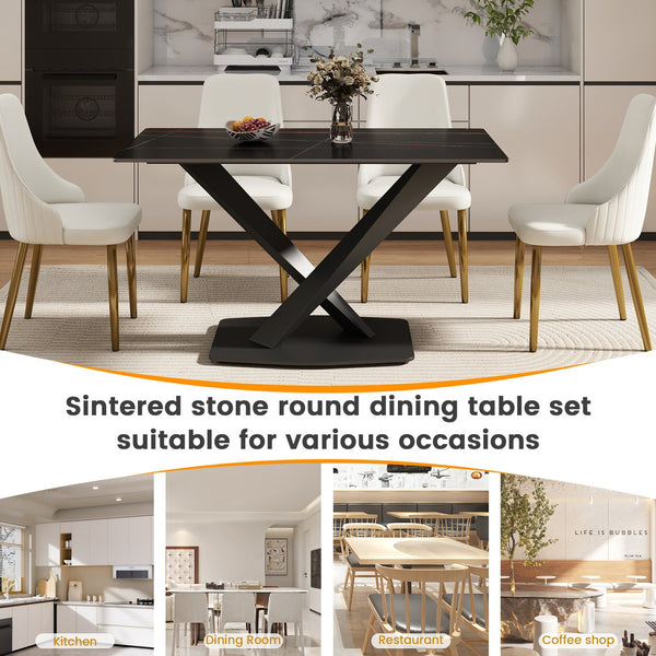 English Elm 55.12" Modern Artificial Stone Dining Table With Black Metal X-Leg Base - Seats 6, Easy Maintenance W1535S00538