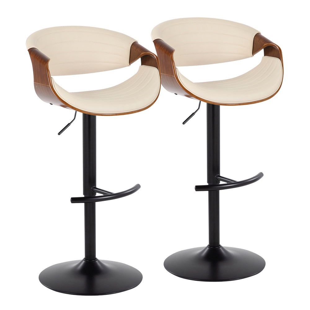 English Elm Symphony Mid-Century Adjustable Swivel Barstool Set of 2 — Cream Faux Leather, Walnut Accents, 360° Comfort B202S01018