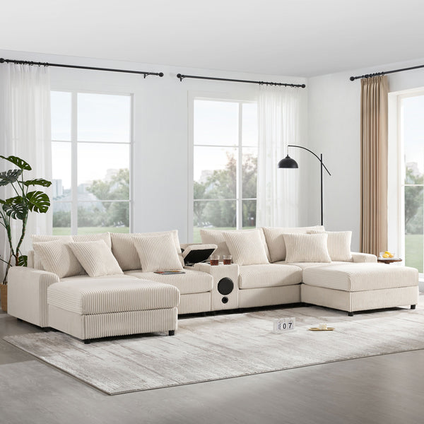 English Elm 141.5*64'' Corduroy Sofa Modular U-Sectional with Bluetooth Speakers, Console, USB Charging, Storage, Ottoman, 6-Seater Comfort N723S0756A