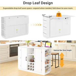 English Elm U_style Compact Kitchen Island with Drop Leaf Power Outlet Wine Rack Stemware Storage White N711P437715K