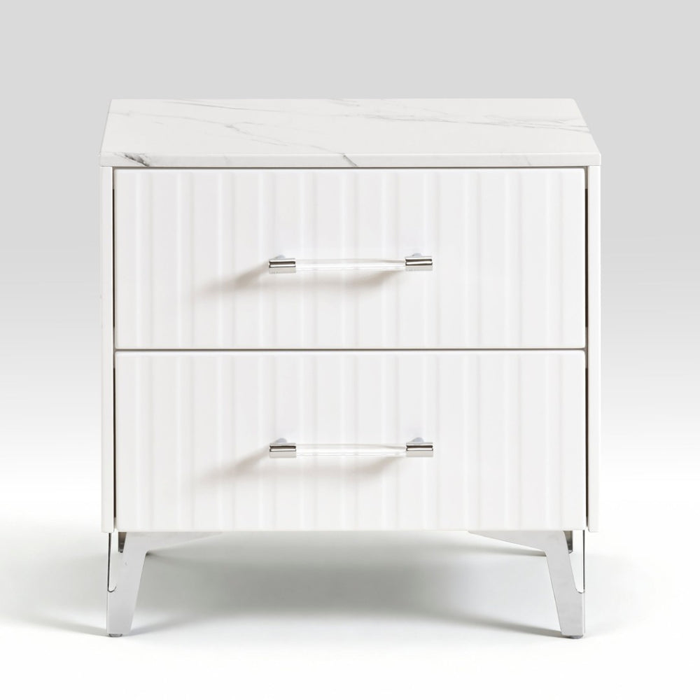 English Elm Glam Two Drawer Nightstand Faux Marble Top Chrome Legs White Bedroom Side Table B011P443207