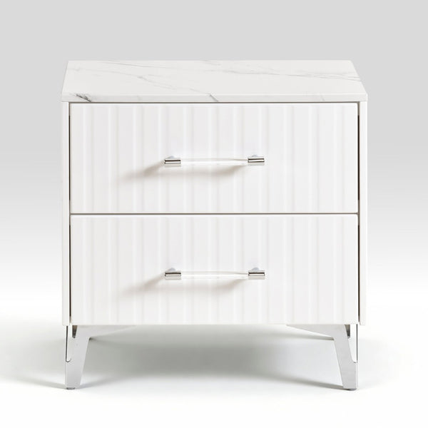 English Elm Glam Two Drawer Nightstand Faux Marble Top Chrome Legs White Bedroom Side Table B011P443207