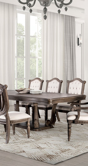 English Elm Vintage Luxury Dining Room Furniture Set - Weathered Oak 9Pc With Tufted Beige Chairs & Pedestal Table B2741S00751-GIGA