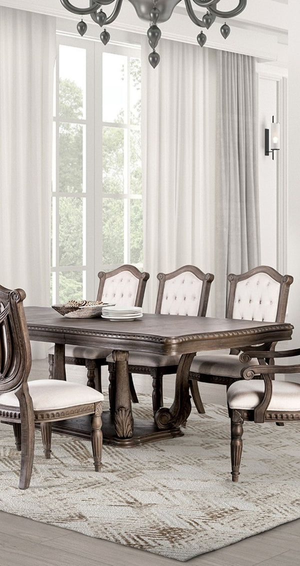 English Elm Vintage Luxury Dining Room Furniture Set - Weathered Oak 9Pc With Tufted Beige Chairs & Pedestal Table B2741S00751-GIGA
