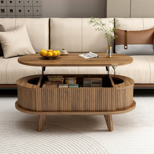 English Elm Fluted Oval Lift Top Coffee Table Walnut Wood Storage Mid Century Living Room W2641P449066