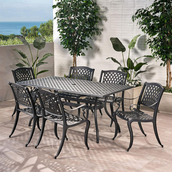 English Elm Christopher Knight Home® - Calisa Cast Aluminum 63" Rectangular Outdoor Dining Set for 6 in Black – Lattice Top, Rust‑Resistant Finish 54587.00SAD-6_56955.00