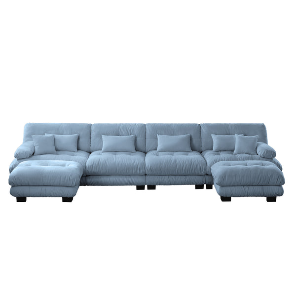 English Elm Free Modular Sectional Sofa - U-Shaped 4-Seater Couch With 2 Ottomans In Vintage Chenille Blue Fabric W714S01180