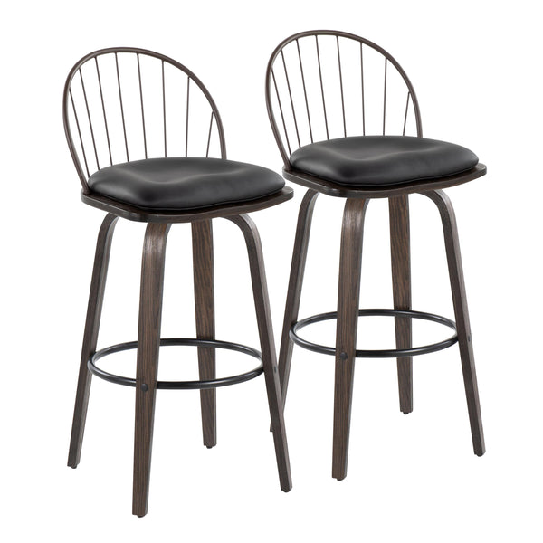 English Elm Riley 30" Industrial Farmhouse Barstool Set of 2 — Walnut Wood, Bronze Metal, Swivel, Removable Faux Leather Cushion (Indoor) B202S00638
