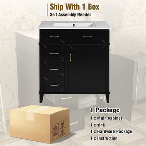 English Elm 30-Inch Bathroom Vanity with Ceramic Sink, Gold Handles, Solid Wood Frame and Soft-Close Drawers Black N729P195052B
