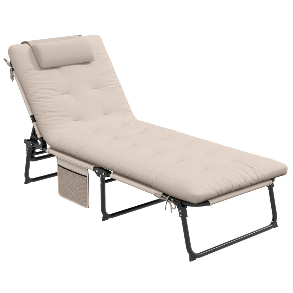 English Elm Outsunny Reclining Outdoor Chaise Lounge with Mesh Base Tufted Cushion and Side Pocket Beige W2225P174369
