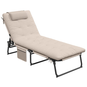 English Elm Outsunny Reclining Outdoor Chaise Lounge with Mesh Base Tufted Cushion and Side Pocket Beige W2225P174369