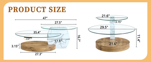 English Elm Contemporary Dual Tier Oval Glass Coffee Table with Marble and Wood Tone Base W1151P233589