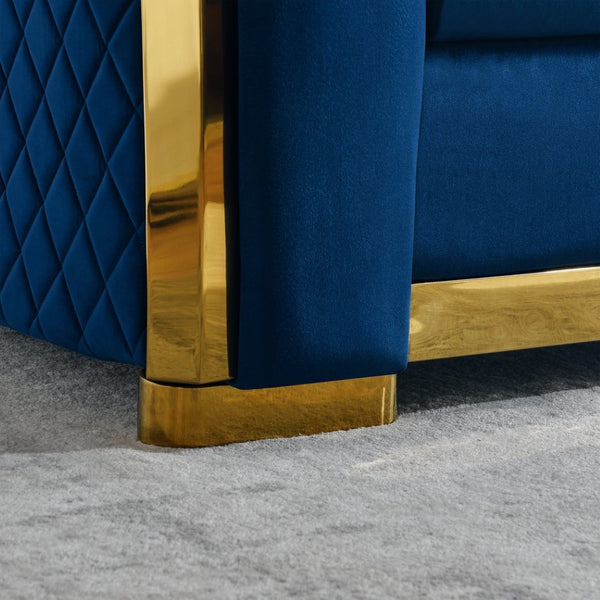 English Elm Luxury Velvet Tufted Chesterfield Loveseat with Gold Steel Trim for Living Room Navy Blue W1191S00117