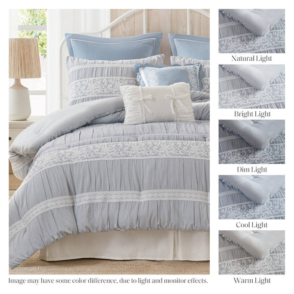English Elm 7-piece King Jacquard Comforter Set Lace Detail Chambray Cottage Bedroom Ensemble Blue B035P482887