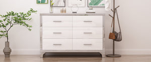 English Elm Elegant High Gloss Dresser with Metal Handles and Mirrored Panels, 6-Drawer Space-Saving Storage Solution White 55.71 L x 19.29 W x 10.63 H N733P205355K