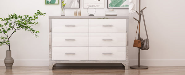 English Elm Elegant High Gloss Dresser with Metal Handles and Mirrored Panels, 6-Drawer Space-Saving Storage Solution White 55.71 L x 19.29 W x 10.63 H N733P205355K