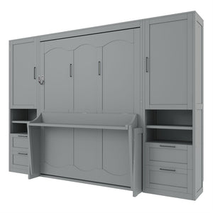 English Elm Queen Murphy Fold Down Wall Bed with Wardrobe Drawers and Shelves for Guest Rooms Gray LP000909AAE-2