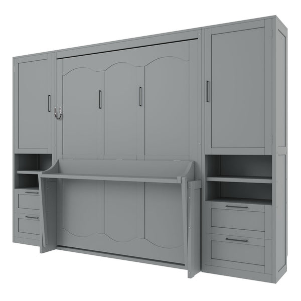 English Elm Queen Murphy Fold Down Wall Bed with Wardrobe Drawers and Shelves for Guest Rooms Gray LP000909AAE-2
