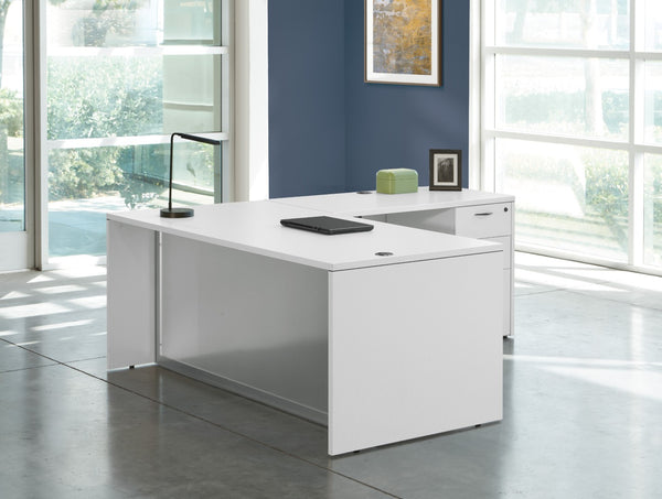 OSP Home Furnishings L-shape Corner Desk with Glass Modesty Panel for Executive and Home Office Use White NAPWHT-TYP29G