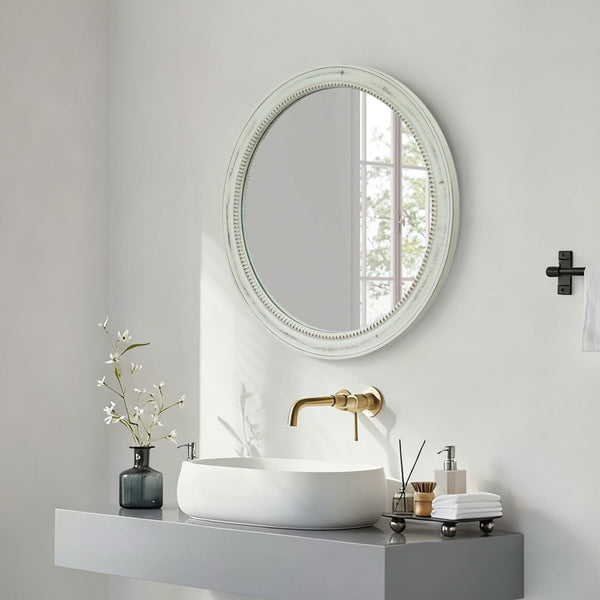 English Elm Round Distressed White Wood Beaded Wall Mirror – Vintage Farmhouse Accent For Brightening Spaces W2295P388974-GIGA