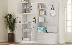 English Elm Multifunctional Modular Hall Tree Cabinet with Open Shelves and Hooks for Entryway White W1580S00519