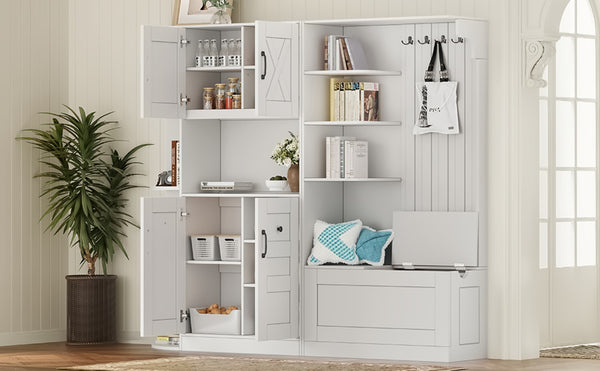 English Elm Multifunctional Modular Hall Tree Cabinet with Open Shelves and Hooks for Entryway White W1580S00519