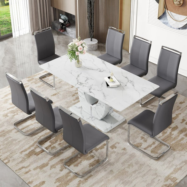 English Elm Table Modern Marble Dining Set - Elegant 71"X35.4" Table With 8 Dark Gray Pu Chairs & Metal Legs W1151S02119-GIGA