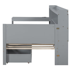 English Elm Twin Size Multifunctional Wooden Daybed With Usb Ports, Desk & 3 Storage Drawers In Gray Finish N820S00017E-GIGA