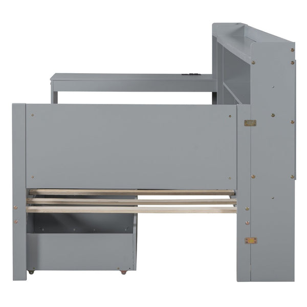 English Elm Twin Size Multifunctional Wooden Daybed With Usb Ports, Desk & 3 Storage Drawers In Gray Finish N820S00017E-GIGA